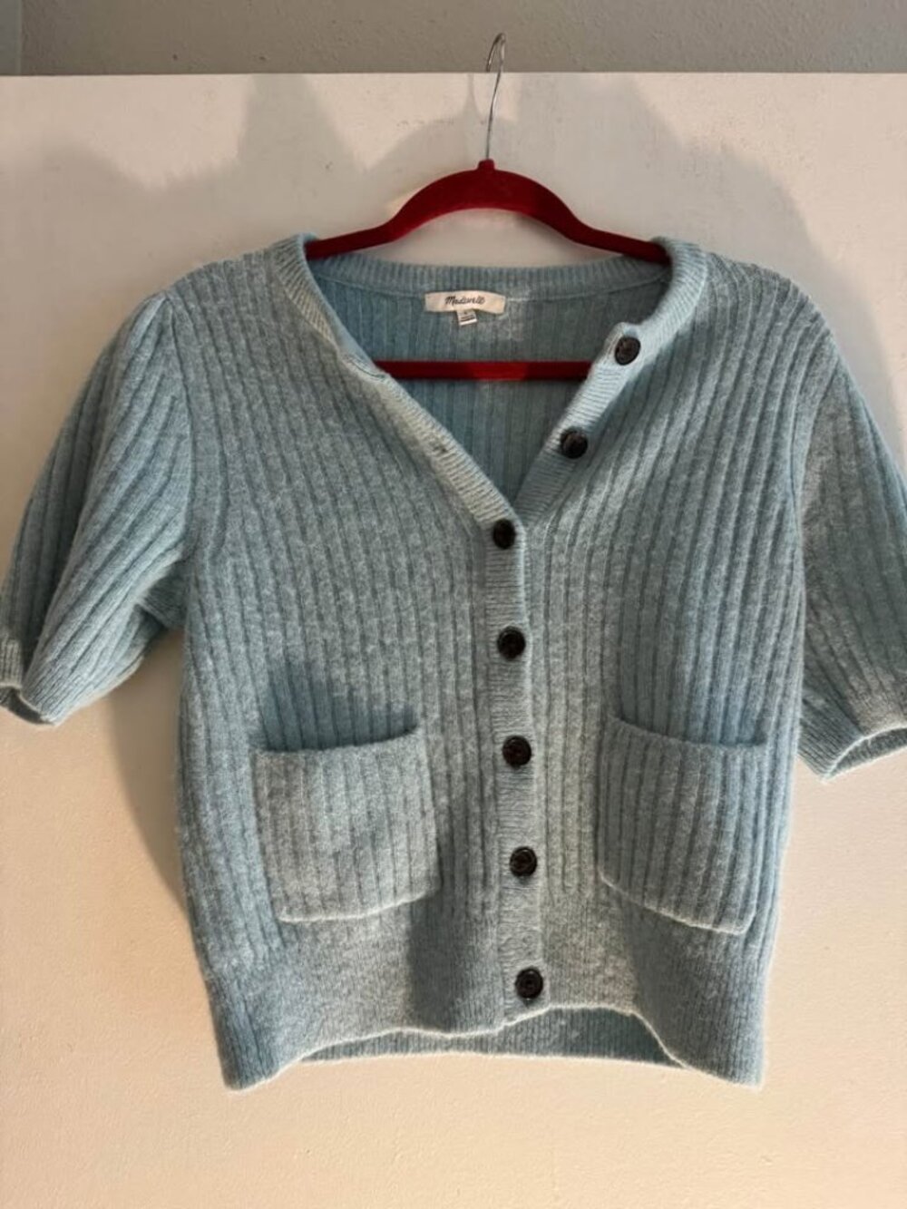 Madewell Womens Alpaca Patch Pocket Puff Sleeve Cardigan Mint Blue size S
